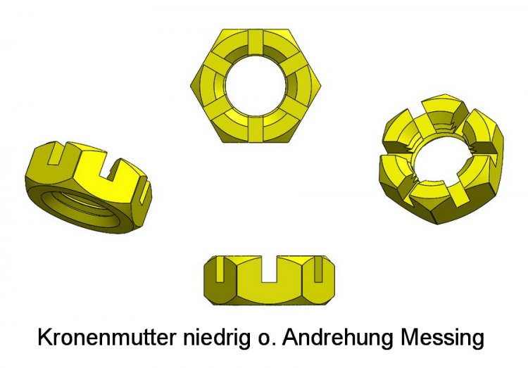 Kronenmutter niedrig ohne Andrehung M1,4 Messing - zum Schließen ins Bild klicken
